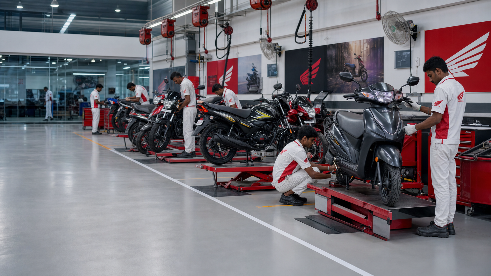 Modern Honda two-wheeler service workshop